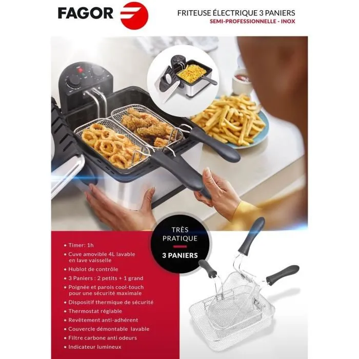 FAGOR FG124 - Freidora Eléctrica - 4L - 2000W - 1.8 Kg de patatas fritas - 3 Cestas - Filtro de carbón antiolor - Cuerpo de acero inoxidable