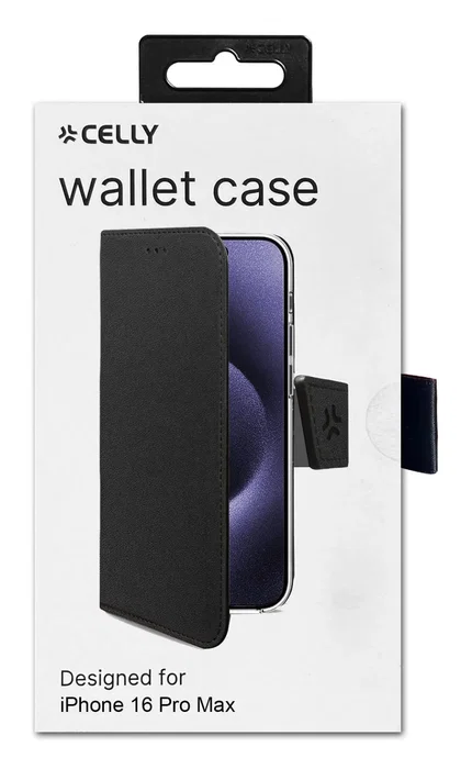 Celly WALLY1081 Funda cartera para Apple iPhone 16 Pro Max 6.9" (17.5 cm), con soporte y bolsillos, imitación piel, color Negro