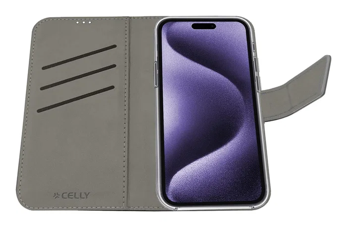 Celly WALLY1081 Funda cartera para Apple iPhone 16 Pro Max 6.9" (17.5 cm), con soporte y bolsillos, imitación piel, color Negro