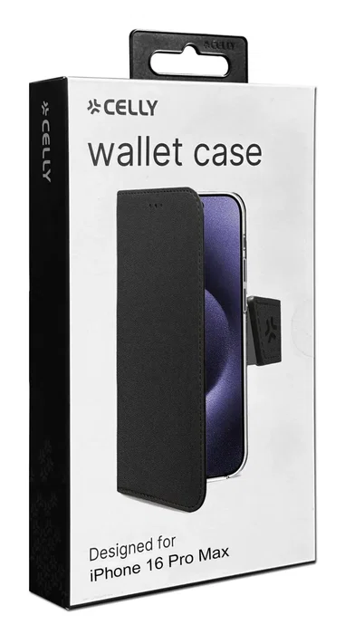 Celly WALLY1081 Funda cartera para Apple iPhone 16 Pro Max 6.9" (17.5 cm), con soporte y bolsillos, imitación piel, color Negro