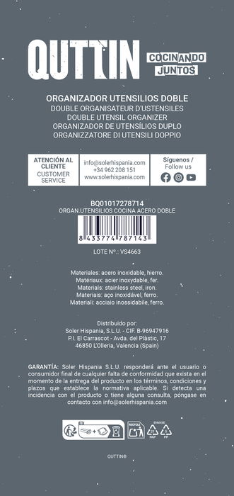Quttin Organizador de Utensilios de Cocina Doble Acero Inoxidable 11.8 cm x 23.7 cm x 20.8 cm (6 Unidades)