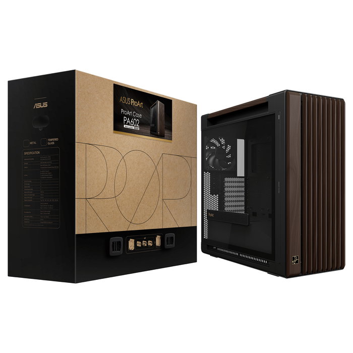 ASUS ProArt PA602 Torre Media Edición Madera Nogal Panel de Vidrio Templado Negro Moderno - Gaming, ATX, micro ATX, EATX, Mini-ITX, PWM, 4 Bahías 3.5", 8 HDD