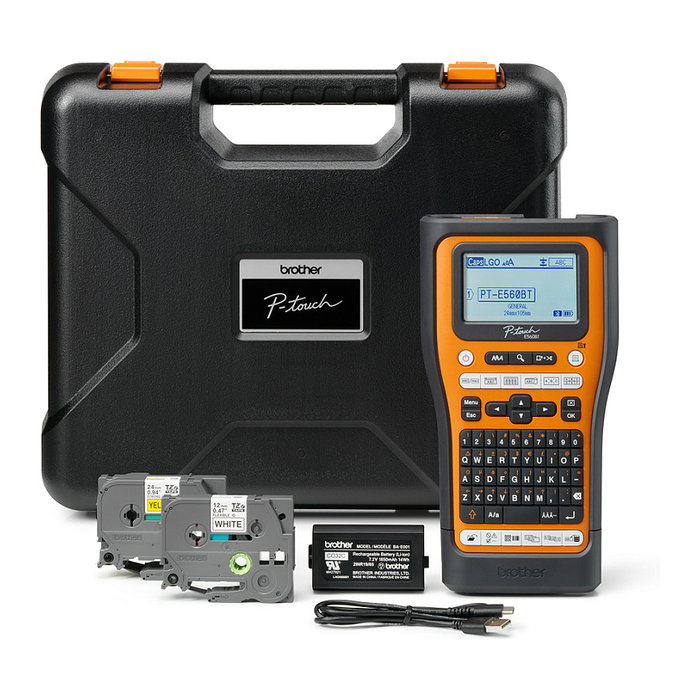 Brother PT-E560BTVP Etiquetadora Manual con Bluetooth y Carga, Impresión Térmica, Pantalla LCD, Teclado QWERTY, Sistema de Cintas HSE/TZe, Incluye Maletín