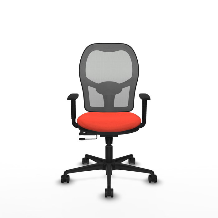 Silla de oficina Jorquera con mecanismo Sincro/Traslack tapizada con Tela color Naranja oscuro y malla color Gris. Equipada con lumbar 1D, Brazos 1D y Ruedas 65mm nailon