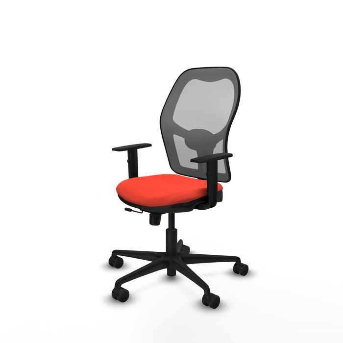 Silla de oficina Jorquera con mecanismo Sincro/Traslack tapizada con Tela color Naranja oscuro y malla color Gris. Equipada con lumbar 1D, Brazos 1D y Ruedas 65mm nailon