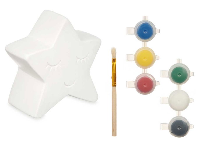 Pincello Hucha para Pintar Estrella con 6 Colores y Pincel, Cerámica Blanca, 12.5x12.5x5.5 cm (Set de 24)