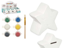 Pincello Hucha para Pintar Estrella con 6 Colores y Pincel, Cerámica Blanca, 12.5x12.5x5.5 cm (Set de 24)