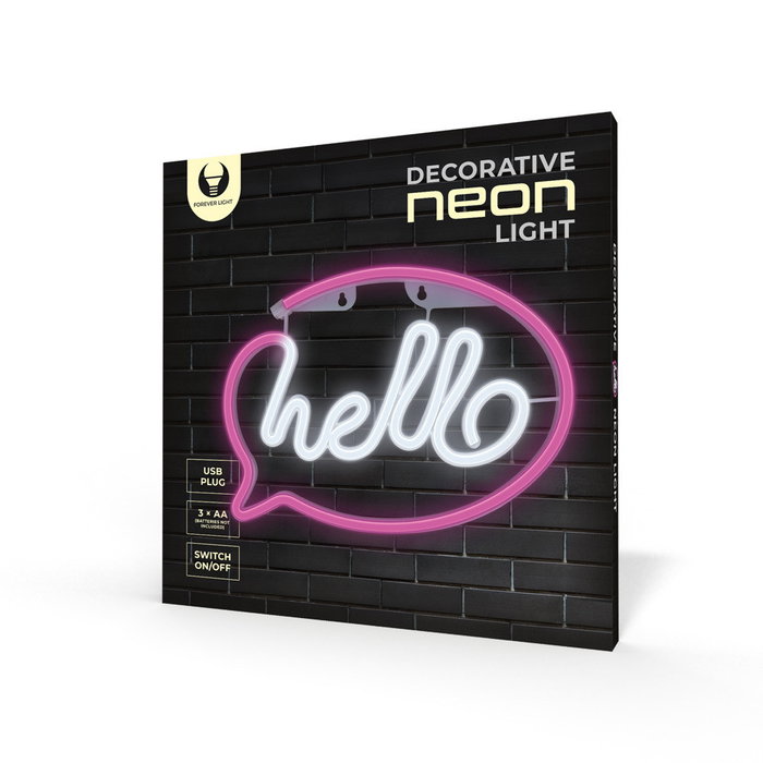 Forever Lámpara LED Neón Decorativa Hello Pink para Pared - 30 cm, Luz Rosa, Alimentación USB/Pilas