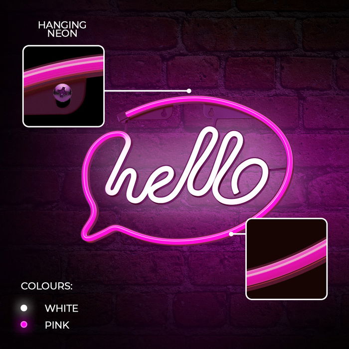 Forever Lámpara LED Neón Decorativa Hello Pink para Pared - 30 cm, Luz Rosa, Alimentación USB/Pilas