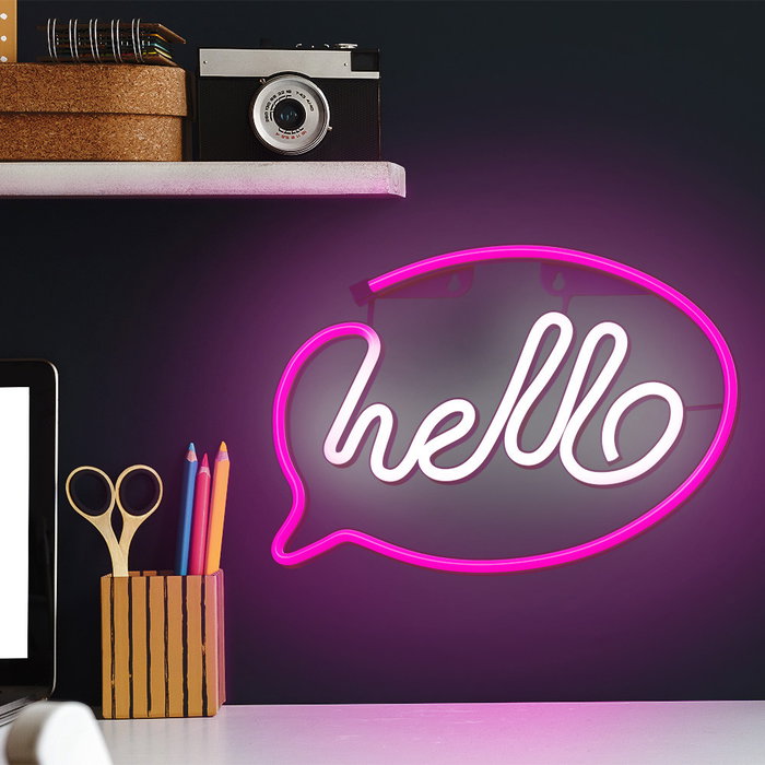 Forever Lámpara LED Neón Decorativa Hello Pink para Pared - 30 cm, Luz Rosa, Alimentación USB/Pilas