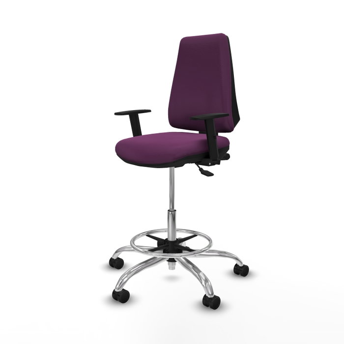 Taburete Elche con mecanismo Asincro tapizada con Similpiel color Morado. Equipado con Base cromada, Brazos 1D y Ruedas 65mm nailon Taburete Elche con mecanismo Asincro tapizada con Similpiel color Morado. Equipado con Base cromada, Brazos 1D y Ruedas 65mm nailon