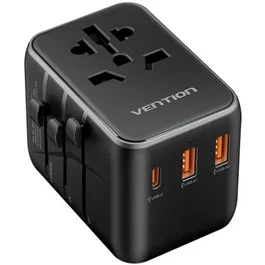 Vention FJEB0 Cargador Pared Universal 65W con 3 Puertos - USB-C 20W + 2x USB-A 18W, Conector Mundial para Viajes
