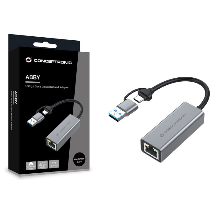 Conceptronic ABBY08G Adaptador USB 3.2 a Gigabit Ethernet RJ45 Gris