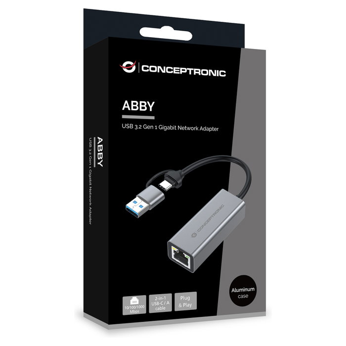Conceptronic ABBY08G Adaptador USB 3.2 a Gigabit Ethernet RJ45 Gris