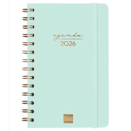 Finocam Agenda Espiral E5-117x181 mm Tapa Dura Menta para 2026 - Con goma elástica, adhesivos y diseño organizativo