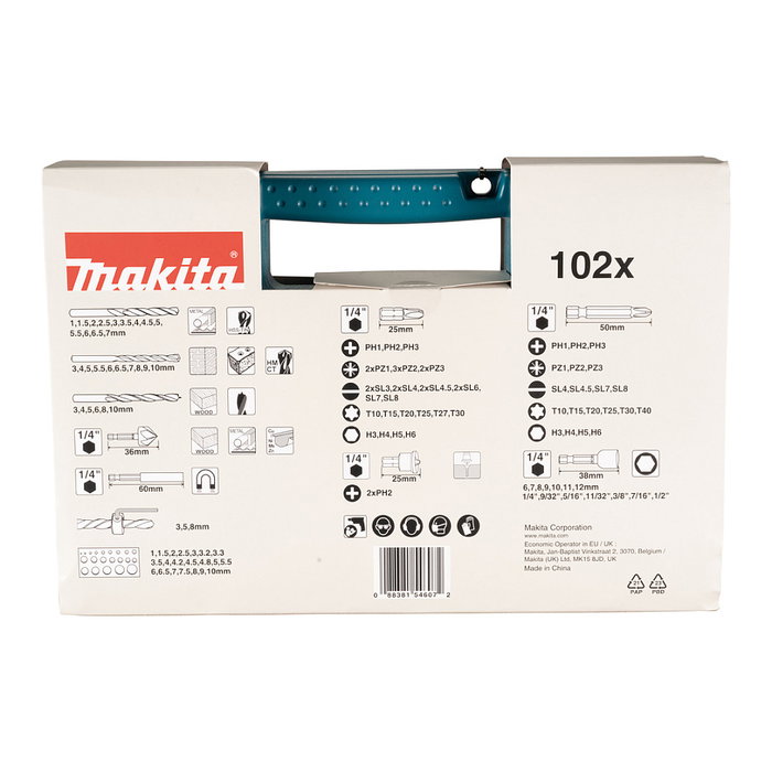 Makita B-68432 Juego de Brocas 102 Piezas para Taladro, Metal, Piedra y Madera con Portabrocas Magnético y Funda
