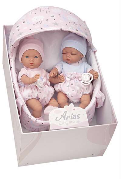 Muñecas Arias Gemelos Elegance con cuerpo de vinilo y capazo