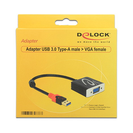 DeLOCK Adaptador de vídeo externo USB 3.0 Tipo-A macho a VGA hembra, 0,2 m, Negro