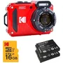 Kodak WPZ2RD6 Cámara Digital Compacta 16MP Zoom Óptico 4x Resistente al Agua Color Rojo con 2 Baterías y Tarjeta MicroSD 16GB