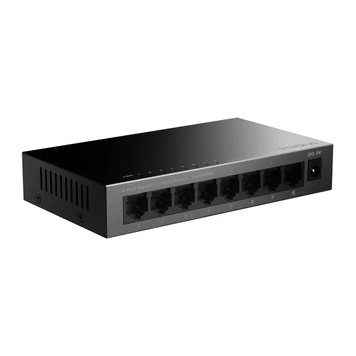 Strong Switch SW8000M - Conmutador Gigabit Ethernet 8 Puertos 10/100/1000 Mbps, Negro, Metal, Plug & Play, Silencioso, para Sobremesa o Pared