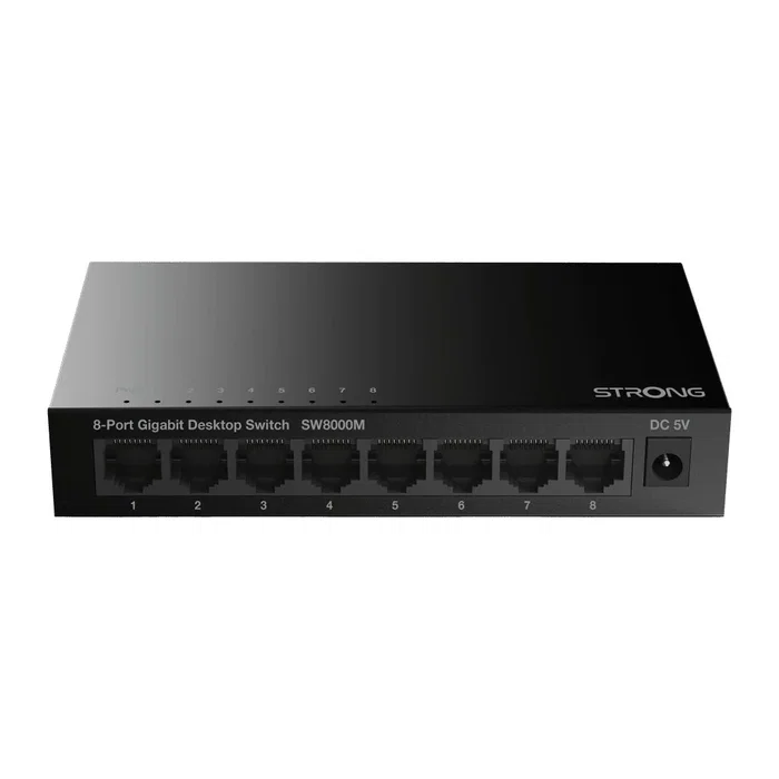 Strong Switch SW8000M - Conmutador Gigabit Ethernet 8 Puertos 10/100/1000 Mbps, Negro, Metal, Plug & Play, Silencioso, para Sobremesa o Pared