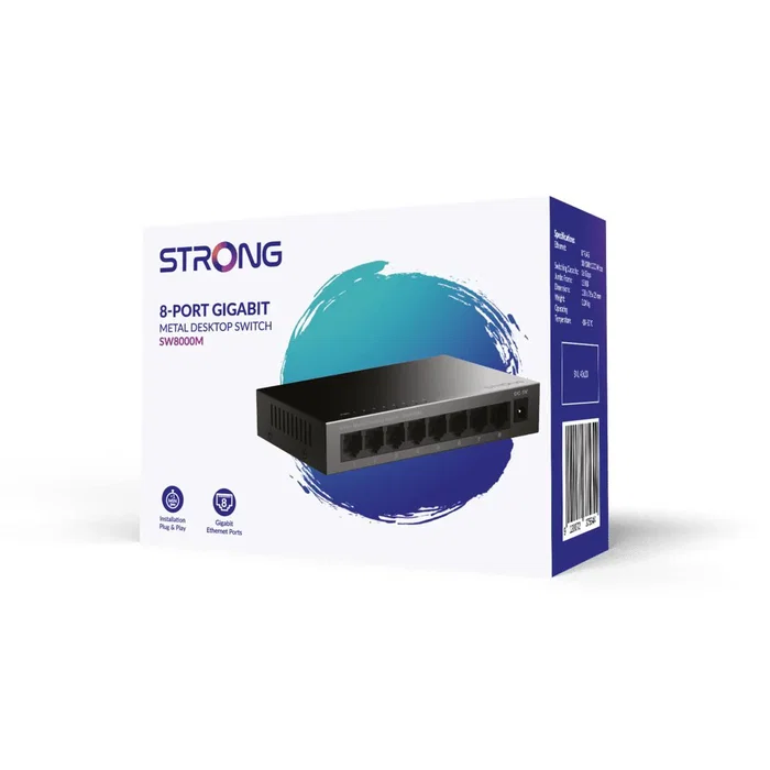 Strong Switch SW8000M - Conmutador Gigabit Ethernet 8 Puertos 10/100/1000 Mbps, Negro, Metal, Plug & Play, Silencioso, para Sobremesa o Pared