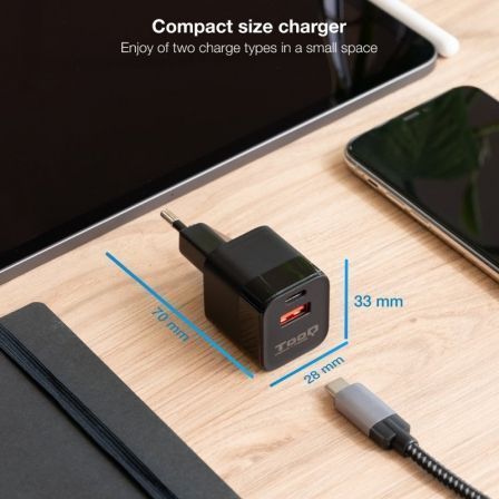 Tooq TQWC-QCPD20 Cargador de Pared USB-C PD y USB-A 20W Negro