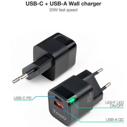 Tooq TQWC-QCPD20 Cargador de Pared USB-C PD y USB-A 20W Negro