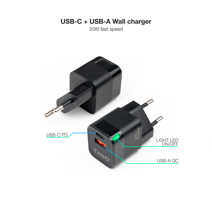 Tooq Cargador de Pared USB-C PD + USB-A QC 20W Negro TQWC-QCPD20 Tooq Cargador de Pared USB-C PD + USB-A QC 20W Negro TQWC-QCPD20