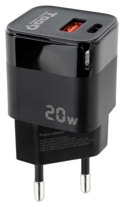Tooq Cargador de Pared USB-C PD + USB-A QC 20W Negro TQWC-QCPD20 Tooq Cargador de Pared USB-C PD + USB-A QC 20W Negro TQWC-QCPD20