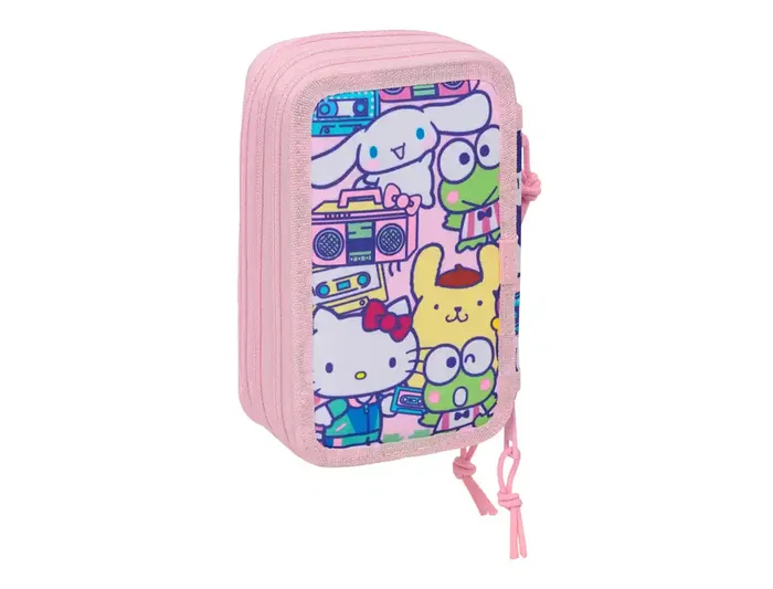 Safta Plumier Escolar Hello Kitty & Friends Triple Cremallera, 37 Piezas, Dimensiones 195x125x55 mm