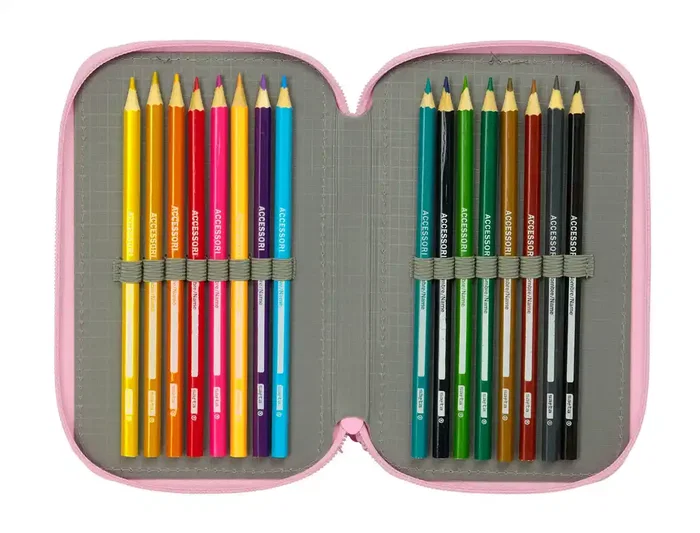 Safta Plumier Escolar Hello Kitty & Friends Triple Cremallera, 37 Piezas, Dimensiones 195x125x55 mm