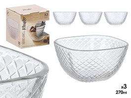 Vivalto Set 3 Cuenco Aperitivo Rombos 270 ml - Transparente Vidrio - 32x7x6 cm (Set de 12)
