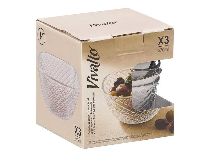 Vivalto Set 3 Cuenco Aperitivo Rombos 270 ml - Transparente Vidrio - 32x7x6 cm (Set de 12)