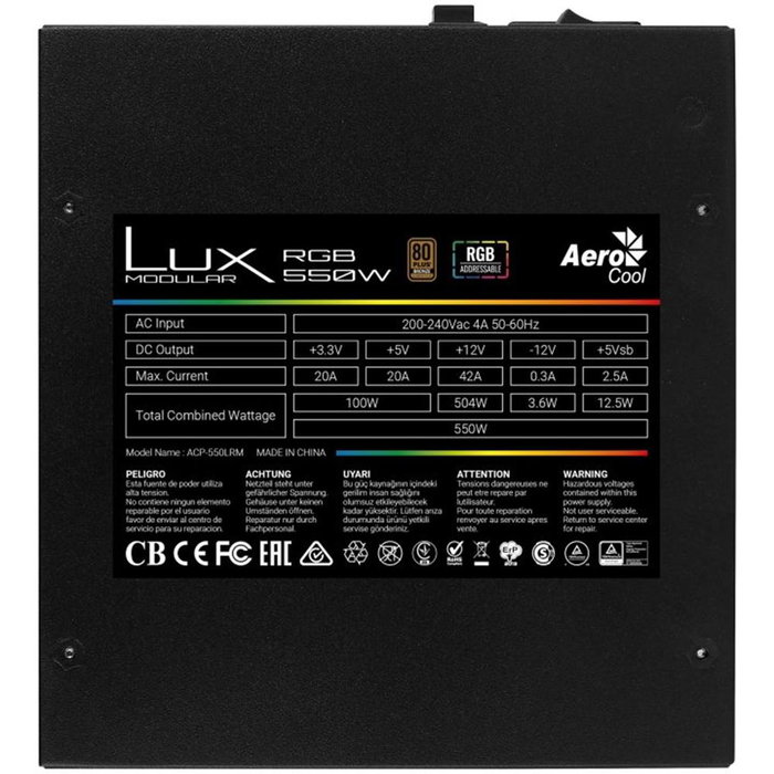Aerocool LUX RGB 550M Fuente de Alimentación PC ATX 550W 80 Plus Bronze Modular RGB con Control LED Negro Aerocool LUX RGB 550M Fuente de Alimentación PC ATX 550W 80 Plus Bronze Modular RGB con Control LED Negro