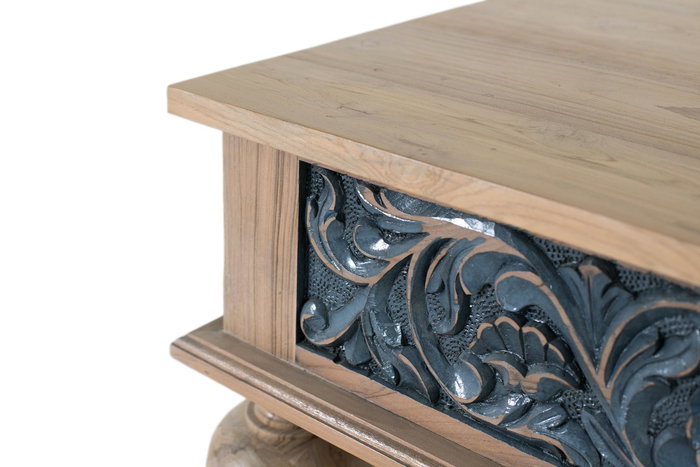 Giner y Colomer Mesa de Centro de Teca Maciza Bicolor Natural y Azul Tallada a Mano Giner y Colomer Mesa de Centro de Teca Maciza Bicolor Natural y Azul Tallada a Mano