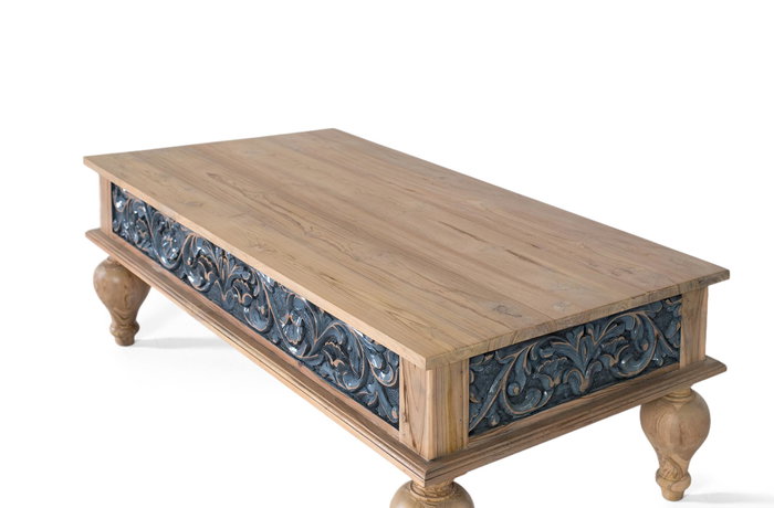 Giner y Colomer Mesa de Centro de Teca Maciza Bicolor Natural y Azul Tallada a Mano Giner y Colomer Mesa de Centro de Teca Maciza Bicolor Natural y Azul Tallada a Mano