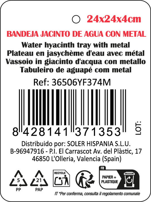 Inde Bandeja Jacinto De Agua Cuadrada con Metal 24x24x4.5cm