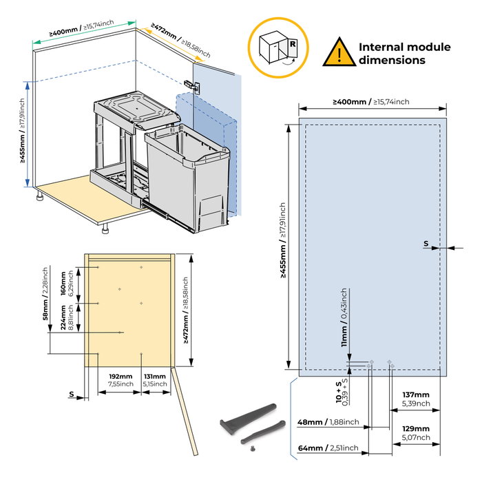 Emuca Contenedor de reciclaje de 30L, extracción automática, Gris antracita