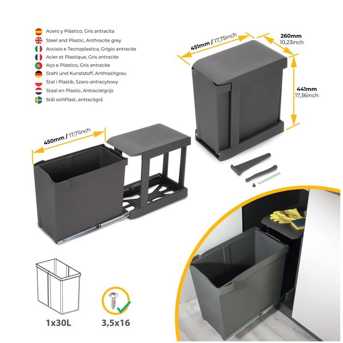 Emuca Contenedor de reciclaje de 30L, extracción automática, Gris antracita