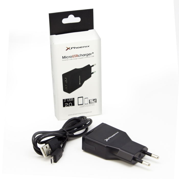 Phoenix Cargador USB Universal de Pared 5V 2A con 2 Puertos, Incluye Cable Micro USB, para Smartphone, Tablet y Más