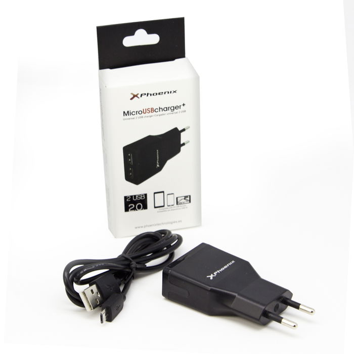 Phoenix Cargador USB Universal de Pared 5V 2A con 2 Puertos, Incluye Cable Micro USB, para Smartphone, Tablet y Más
