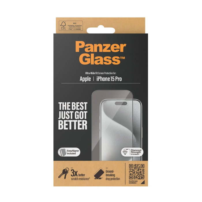 PanzerGlass Protector de Pantalla iPhone 15 Pro Ultra-Wide-Fit con EasyAligner
