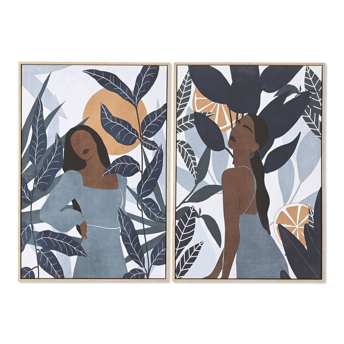 DKD Home Decor Set de 2 Cuadros de Lienzo Chica Hojas Tropical