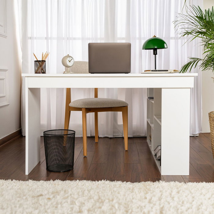 Hanah Home Escritorio de Estudio, 130x120x72 cm, Blanco Natural, Tablero de Partículas con Melamina, Escritorio para Ordenador, Oficina en Casa