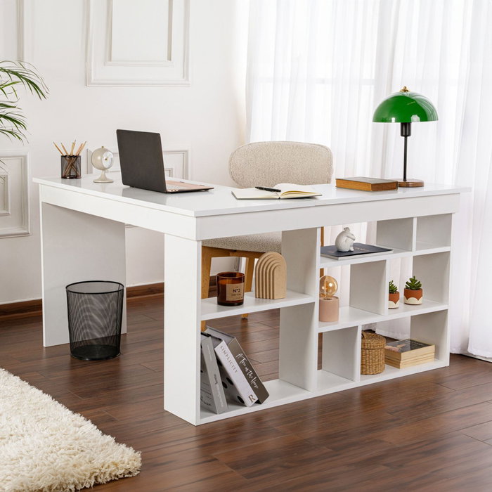 Hanah Home Escritorio de Estudio, 130x120x72 cm, Blanco Natural, Tablero de Partículas con Melamina, Escritorio para Ordenador, Oficina en Casa