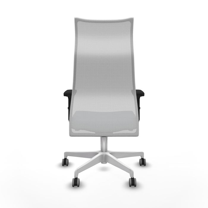 Sillón Albacete con mecanismo Sincro tapizada con Tela color Gris y malla color Blanco. Equipado con Base poliamida blanca, Brazos 2D y Ruedas 65 mm parqué