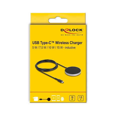 DeLOCK Cargador Inalámbrico Inductivo de 15W, Almohadilla de Carga Rápida 5W/7.5W/10W/15W para Smartphone y Reloj, Cable USB 1.5m, Negro DeLOCK Cargador Inalámbrico Inductivo de 15W, Almohadilla de Carga Rápida 5W/7.5W/10W/15W para Smartphone y Reloj, Cable USB 1.5m, Negro