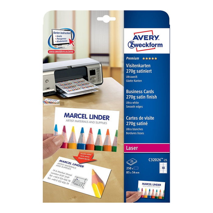 AVERY Zweckform Tarjetas de visita C32026-25 blanco satinado 270 g/qm, 250 unidades de pack de tarjetas de visita