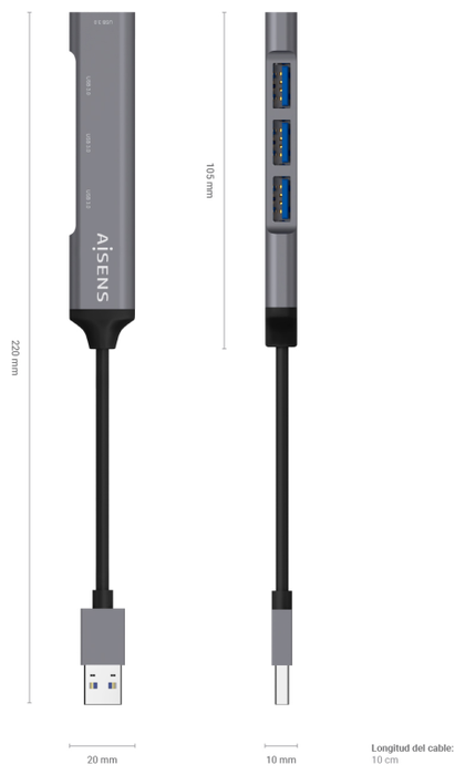 AISENS Hub USB 3.0 de Aluminio 4x Tipo A, Gris, 10cm